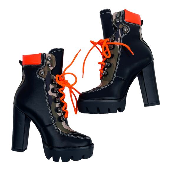 Azalea Wang Camouflage Black Lace Up Block Heeled Platform Boots Size 8 New - Picture 7 of 7